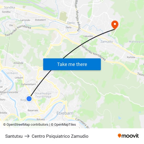 Santutxu to Centro Psiquiatrico Zamudio map
