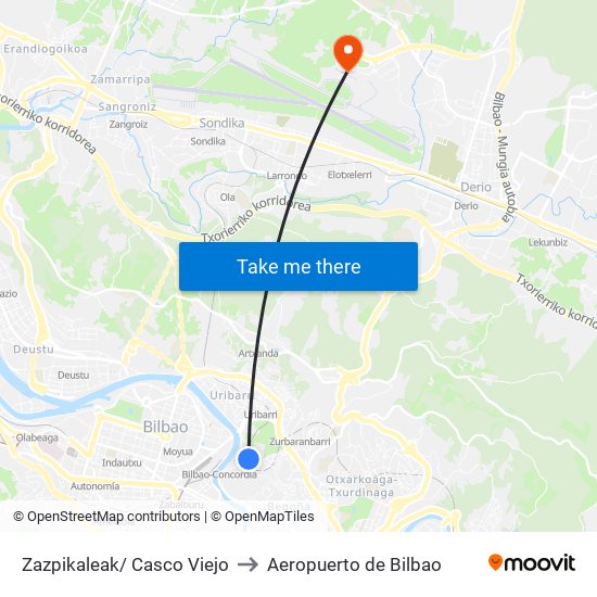 Zazpikaleak/ Casco Viejo to Aeropuerto de Bilbao map