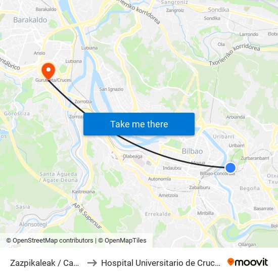 Zazpikaleak / Casco Viejo to Hospital Universitario de Cruces Radiología map