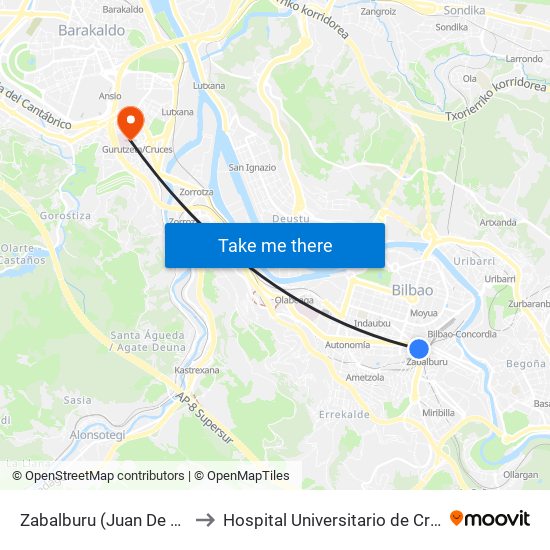 Zabalburu (Juan De Garay) (4121) to Hospital Universitario de Cruces Maternidad map