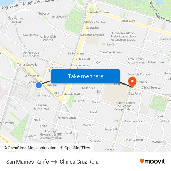 San Mamés-Renfe to Clínica Cruz Roja map