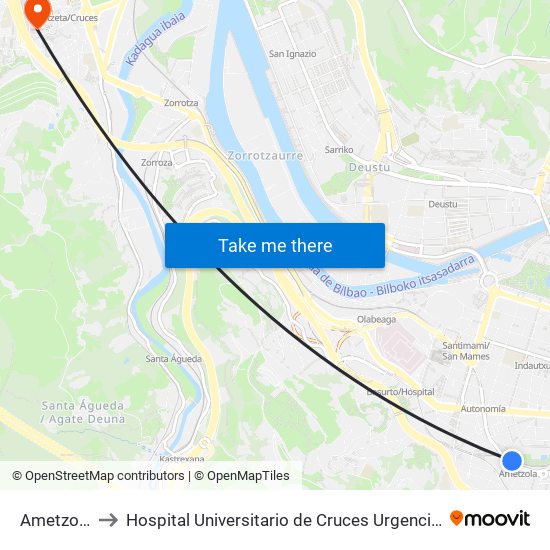 Ametzola to Hospital Universitario de Cruces Urgencias map