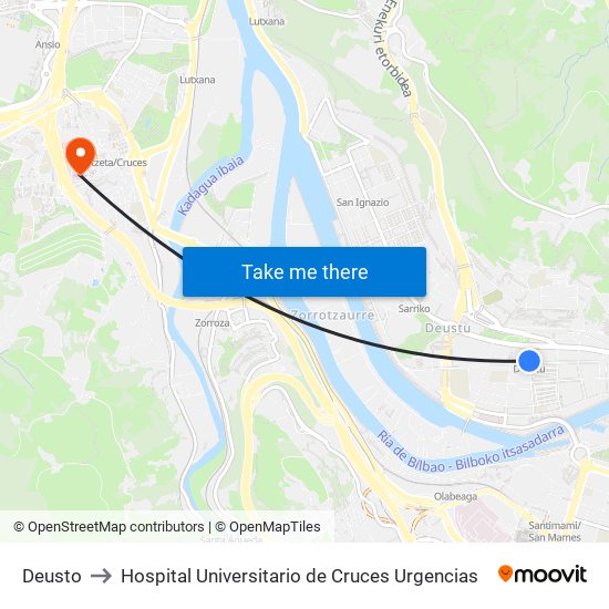 Deusto to Hospital Universitario de Cruces Urgencias map