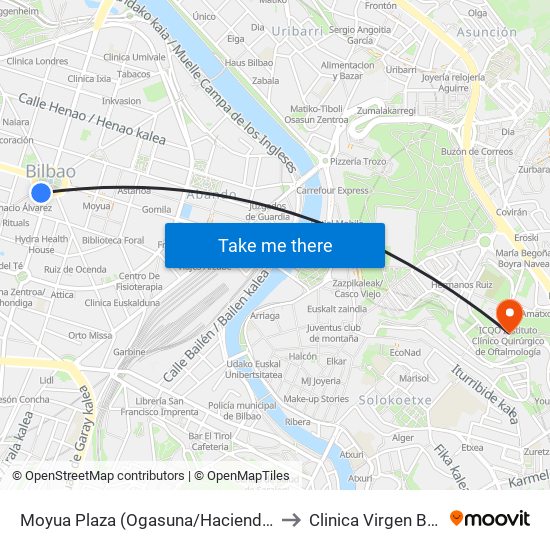 Moyua Plaza (Ogasuna/Hacienda) (896) to Clinica  Virgen Blanca map