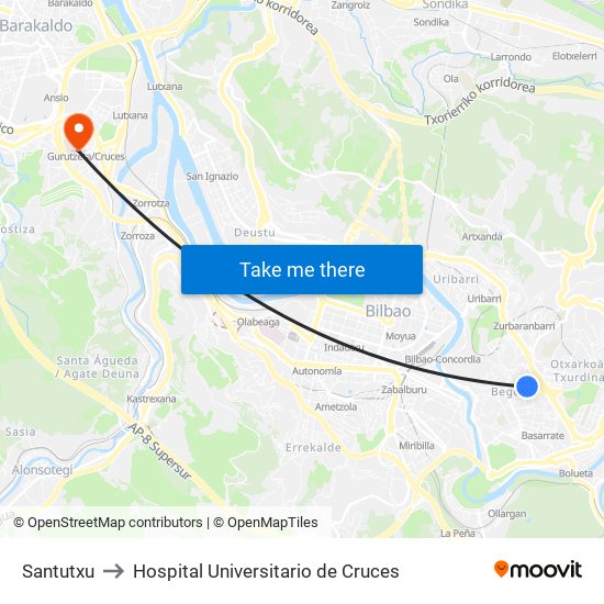 Santutxu to Hospital Universitario de Cruces map