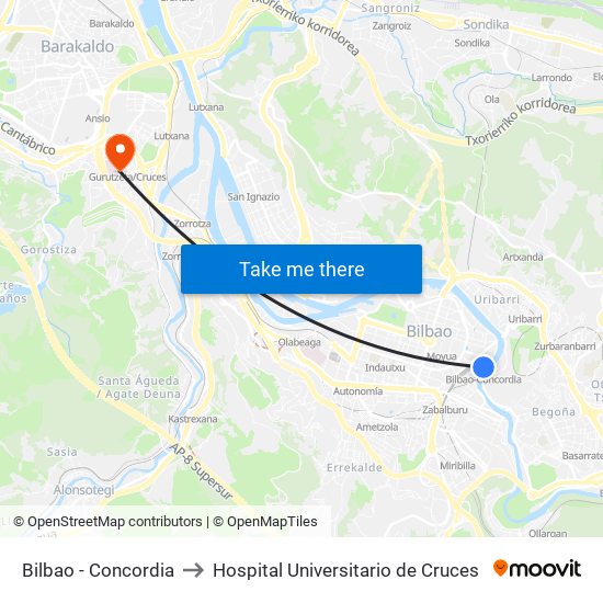 Bilbao - Concordia to Hospital Universitario de Cruces map