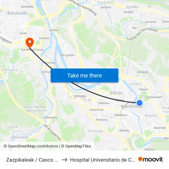 Zazpikaleak / Casco Viejo to Hospital Universitario de Cruces map