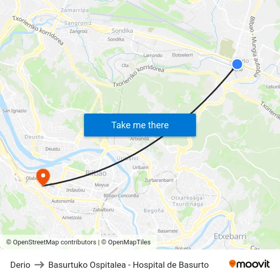 Derio to Basurtuko Ospitalea - Hospital de Basurto map