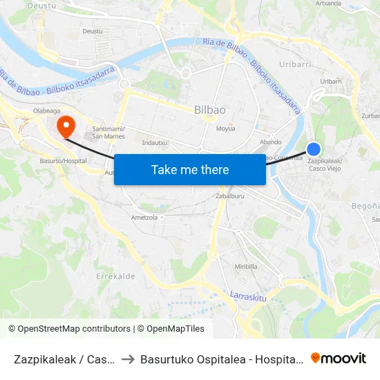 Zazpikaleak / Casco Viejo to Basurtuko Ospitalea - Hospital de Basurto map