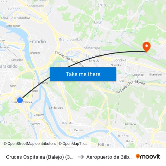 Cruces Ospitalea (Balejo) (396) to Aeropuerto de Bilbao map