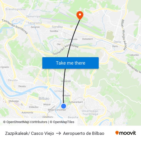 Zazpikaleak/ Casco Viejo to Aeropuerto de Bilbao map