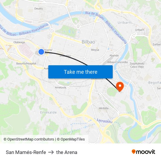San Mamés-Renfe to the Arena map