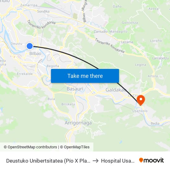 Deustuko Unibertsitatea (Pío X Plaza) (806) to Hospital Usansolo map