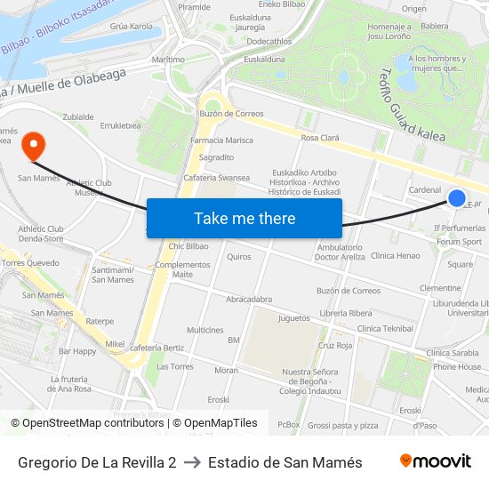 Gregorio De La Revilla 2 to Estadio de San Mamés map