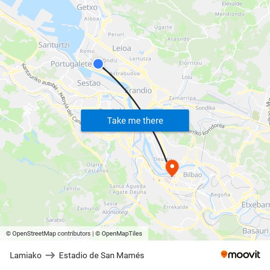 Lamiako to Estadio de San Mamés map