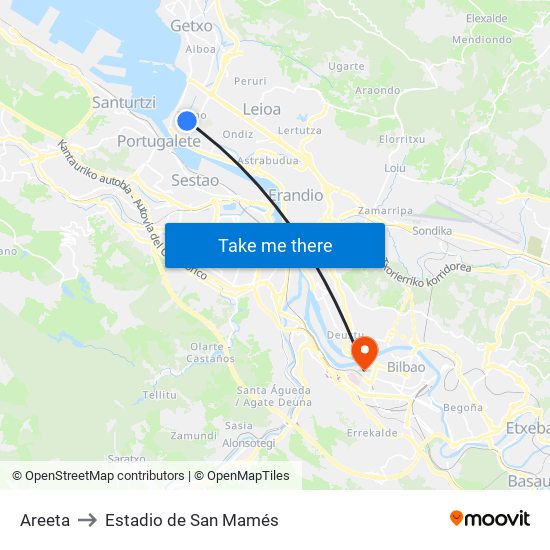 Areeta to Estadio de San Mamés map