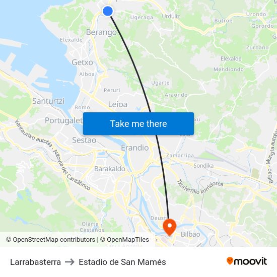Larrabasterra to Estadio de San Mamés map