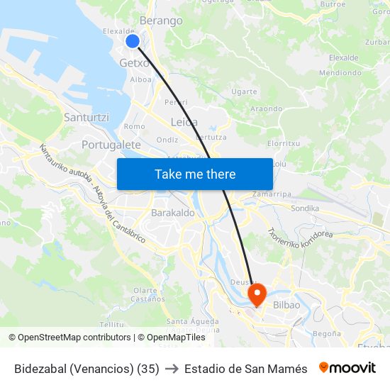Bidezabal (Venancios) (35) to Estadio de San Mamés map