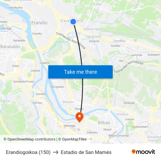 Erandiogoikoa (150) to Estadio de San Mamés map