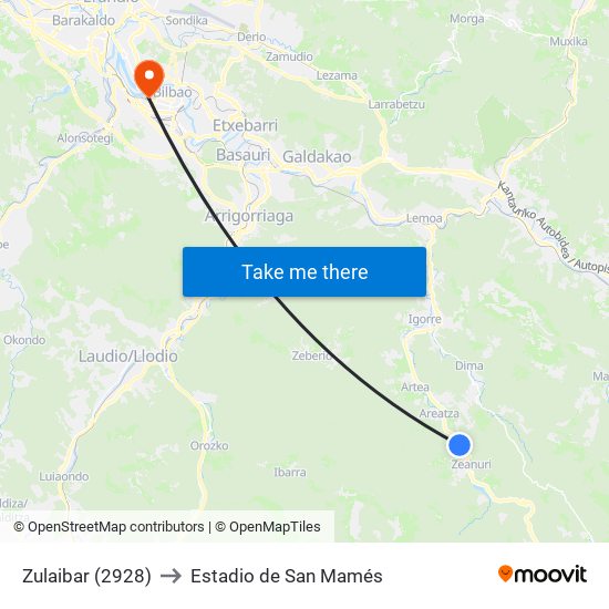 Zulaibar (2928) to Estadio de San Mamés map