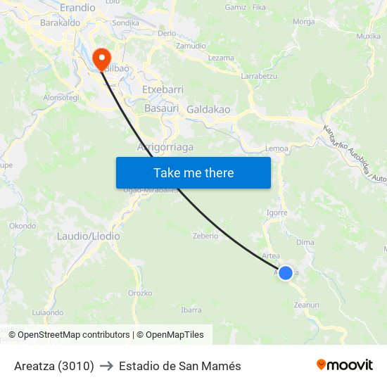 Areatza (3010) to Estadio de San Mamés map