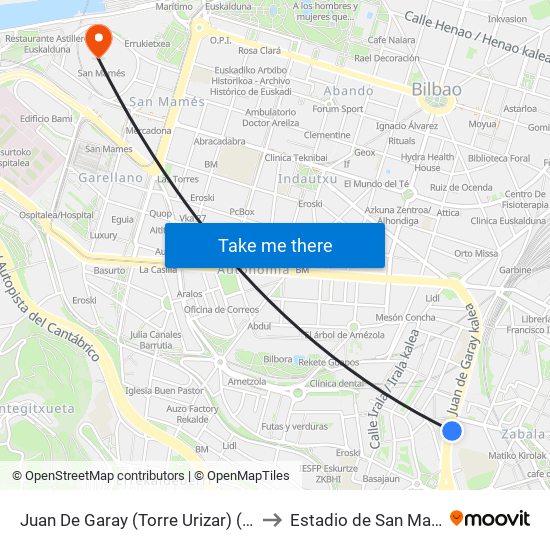 Juan De Garay (Torre Urizar) (3685) to Estadio de San Mamés map