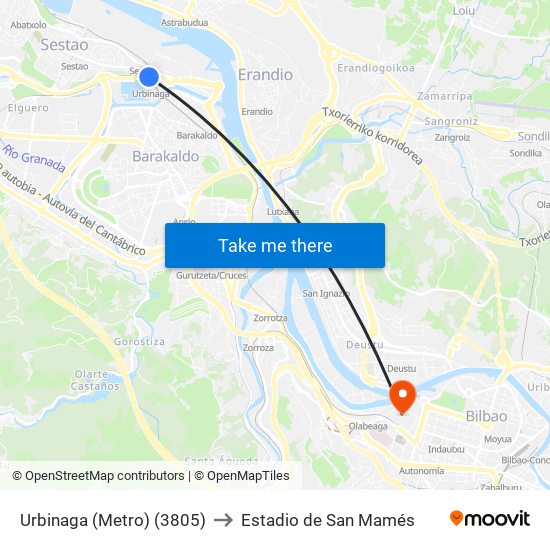 Urbinaga (Metro) (3805) to Estadio de San Mamés map