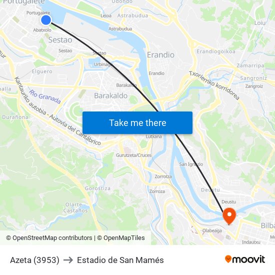 Azeta (3953) to Estadio de San Mamés map