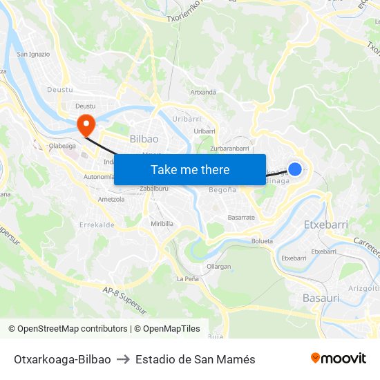 Otxarkoaga-Bilbao to Estadio de San Mamés map