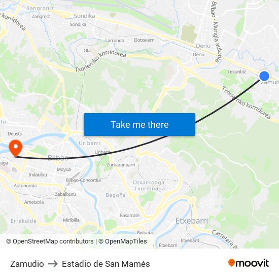 Zamudio to Estadio de San Mamés map