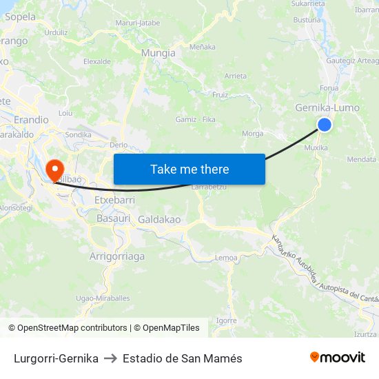 Lurgorri-Gernika to Estadio de San Mamés map