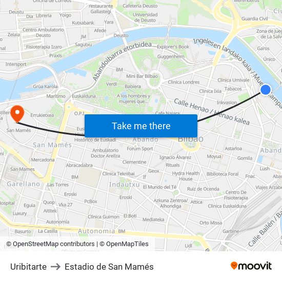 Uribitarte to Estadio de San Mamés map