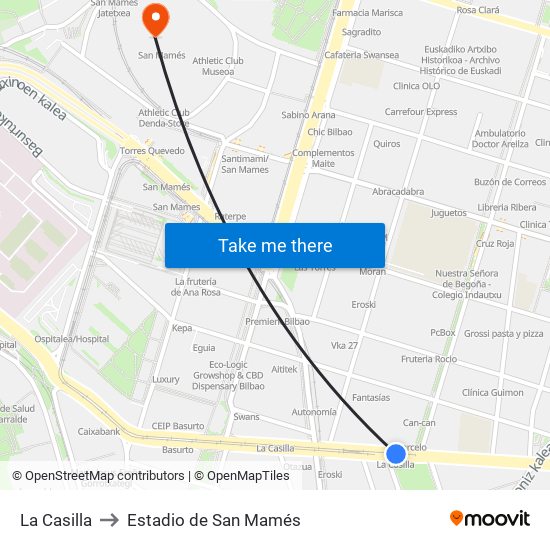 La Casilla to Estadio de San Mamés map