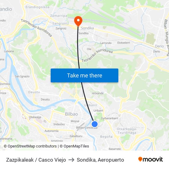 Zazpikaleak / Casco Viejo to Sondika, Aeropuerto map