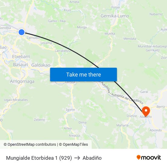 Mungialde Etorbidea 1 (929) to Abadiño map