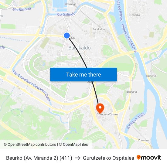 Beurko (Av. Miranda 2) (411) to Gurutzetako Ospitalea map