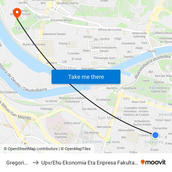 Gregorio La Revilla 22 to Upv / Ehu Ekonomia Eta Enpresa Fakultatea / Campus De Economía Y Empresa (Sarriko) map