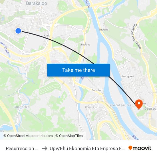 Resurrección María Azkue 34 La Ronda to Upv / Ehu Ekonomia Eta Enpresa Fakultatea / Campus De Economía Y Empresa (Sarriko) map