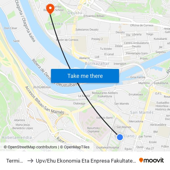 Termibus Bilbao to Upv / Ehu Ekonomia Eta Enpresa Fakultatea / Campus De Economía Y Empresa (Sarriko) map