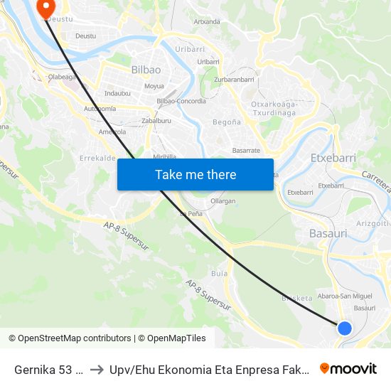 Gernika 53 (San Miguel) (276) to Upv / Ehu Ekonomia Eta Enpresa Fakultatea / Campus De Economía Y Empresa (Sarriko) map