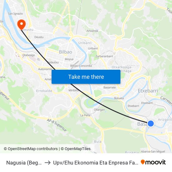Nagusia (Begiratokia/Mirador) (295) to Upv / Ehu Ekonomia Eta Enpresa Fakultatea / Campus De Economía Y Empresa (Sarriko) map