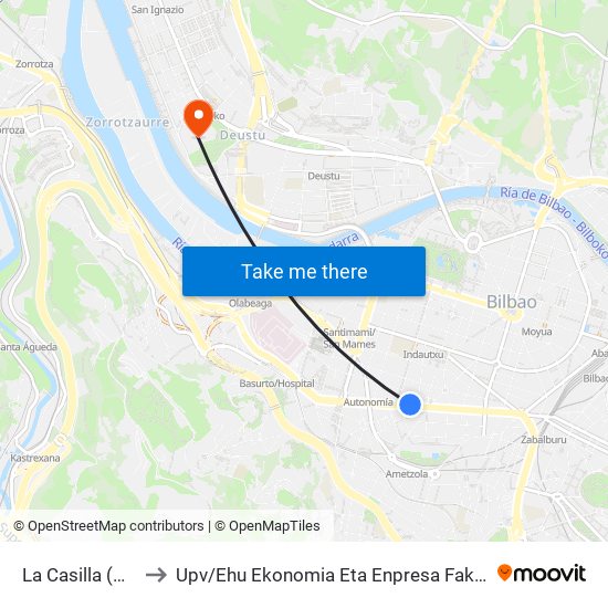 La Casilla (Autonomia 50) (307) to Upv / Ehu Ekonomia Eta Enpresa Fakultatea / Campus De Economía Y Empresa (Sarriko) map