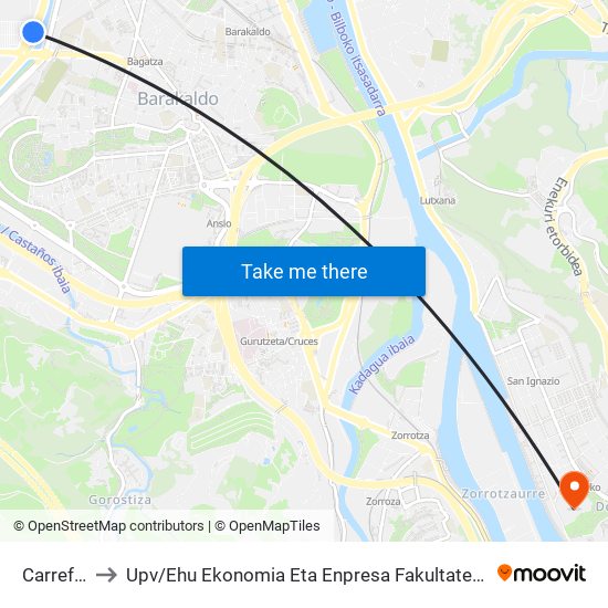 Carrefour (424) to Upv / Ehu Ekonomia Eta Enpresa Fakultatea / Campus De Economía Y Empresa (Sarriko) map