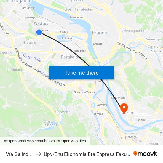 Vía Galindo 12 (Inem) (801) to Upv / Ehu Ekonomia Eta Enpresa Fakultatea / Campus De Economía Y Empresa (Sarriko) map