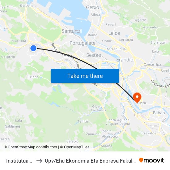 Institutua/Instituto (1222) to Upv / Ehu Ekonomia Eta Enpresa Fakultatea / Campus De Economía Y Empresa (Sarriko) map