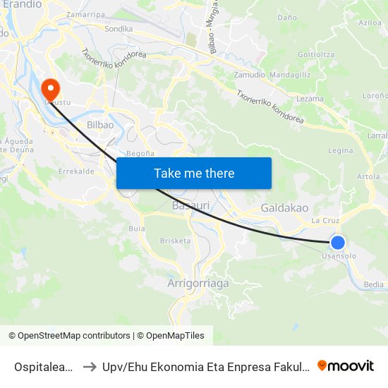 Ospitalea/Hospital (1922) to Upv / Ehu Ekonomia Eta Enpresa Fakultatea / Campus De Economía Y Empresa (Sarriko) map