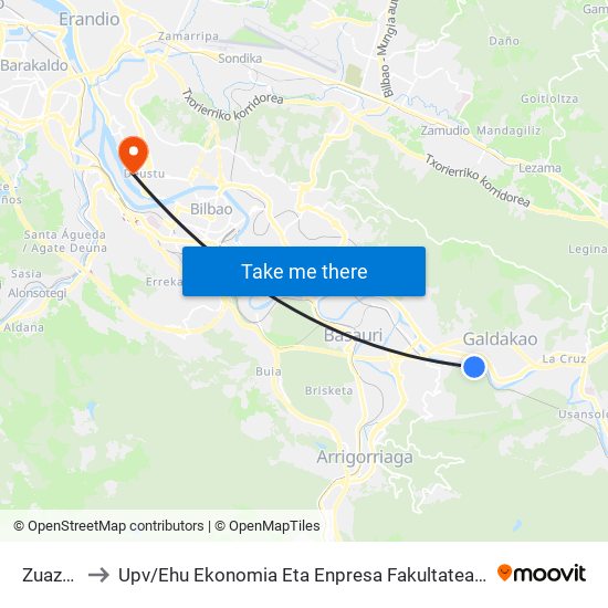 Zuazo (2504) to Upv / Ehu Ekonomia Eta Enpresa Fakultatea / Campus De Economía Y Empresa (Sarriko) map