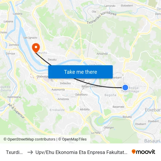 Txurdinaga-Bilbao to Upv / Ehu Ekonomia Eta Enpresa Fakultatea / Campus De Economía Y Empresa (Sarriko) map
