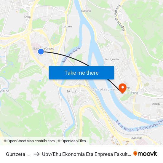 Gurtzeta / Cruces (Plaza) to Upv / Ehu Ekonomia Eta Enpresa Fakultatea / Campus De Economía Y Empresa (Sarriko) map