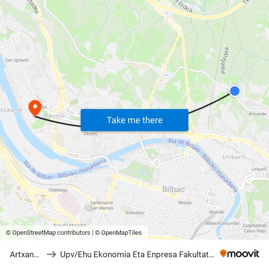 Artxanda / Nogaro to Upv / Ehu Ekonomia Eta Enpresa Fakultatea / Campus De Economía Y Empresa (Sarriko) map